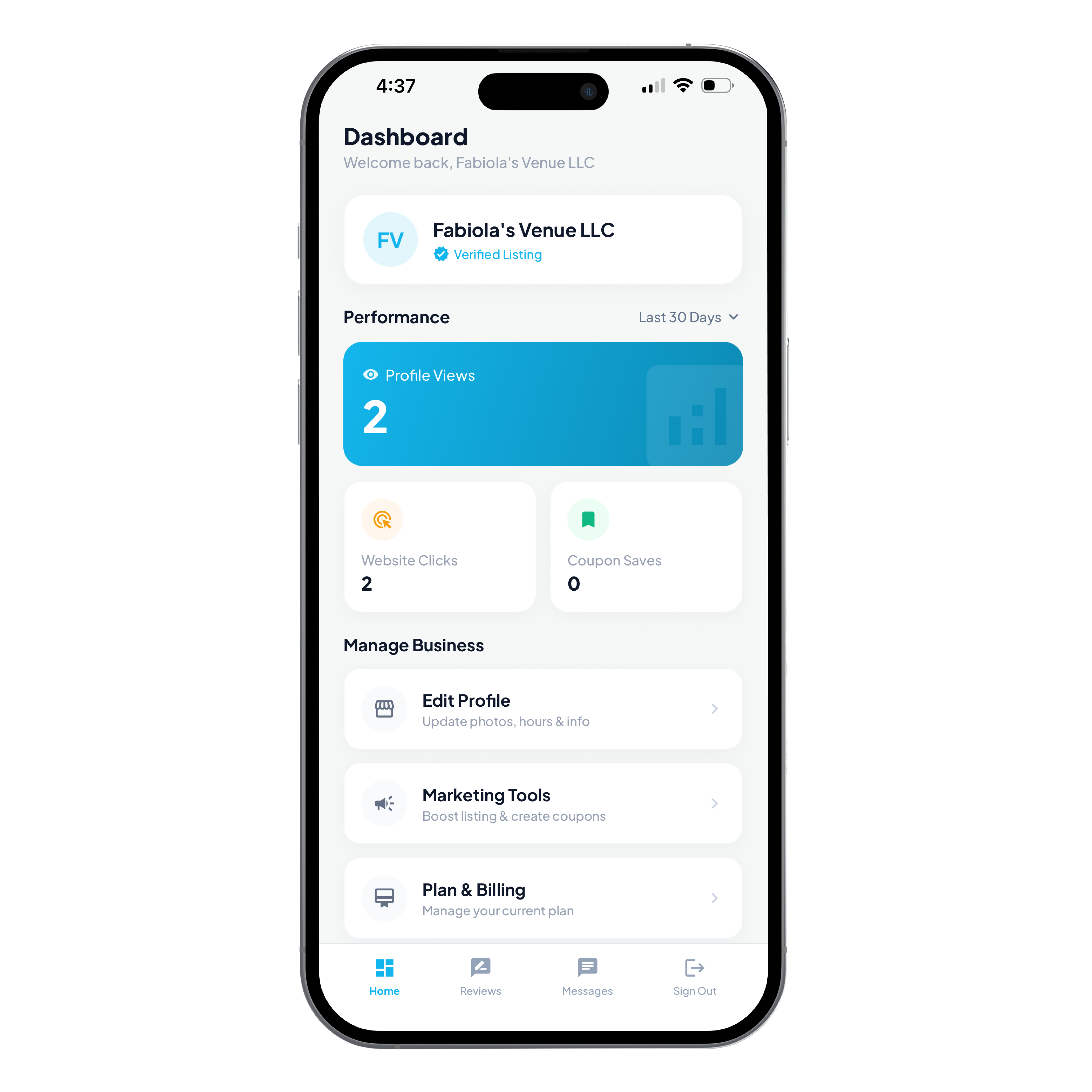 Twouve business dashboard showing profile views, website clicks, and coupon saves