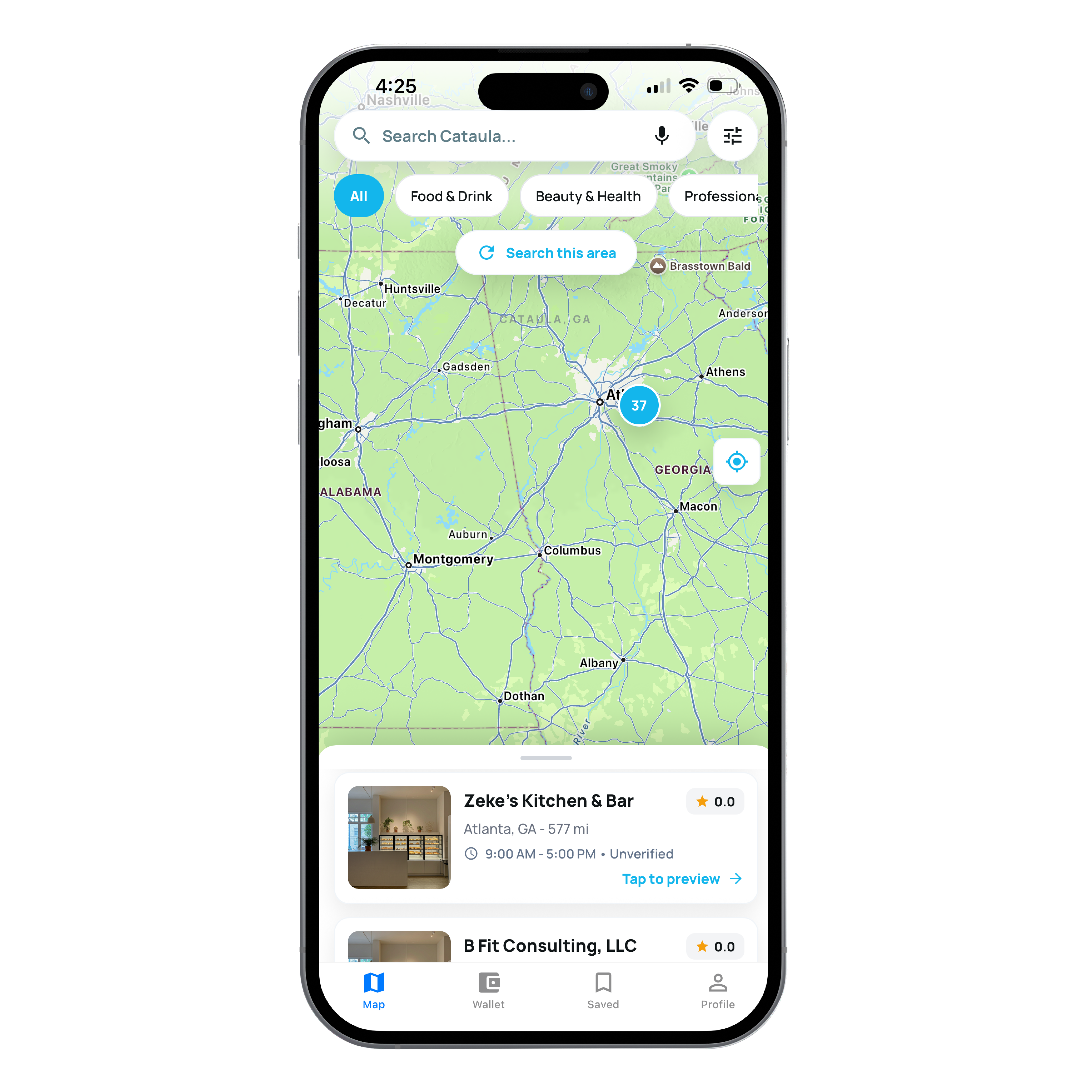 Map view — search Haitian-owned businesses in Atlanta